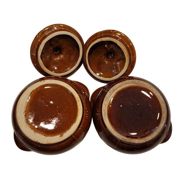 Vintage Brown Glazed Ceramic Soup Bowls With Lids - Handcrafted Drip Design - Picture 7 of 7